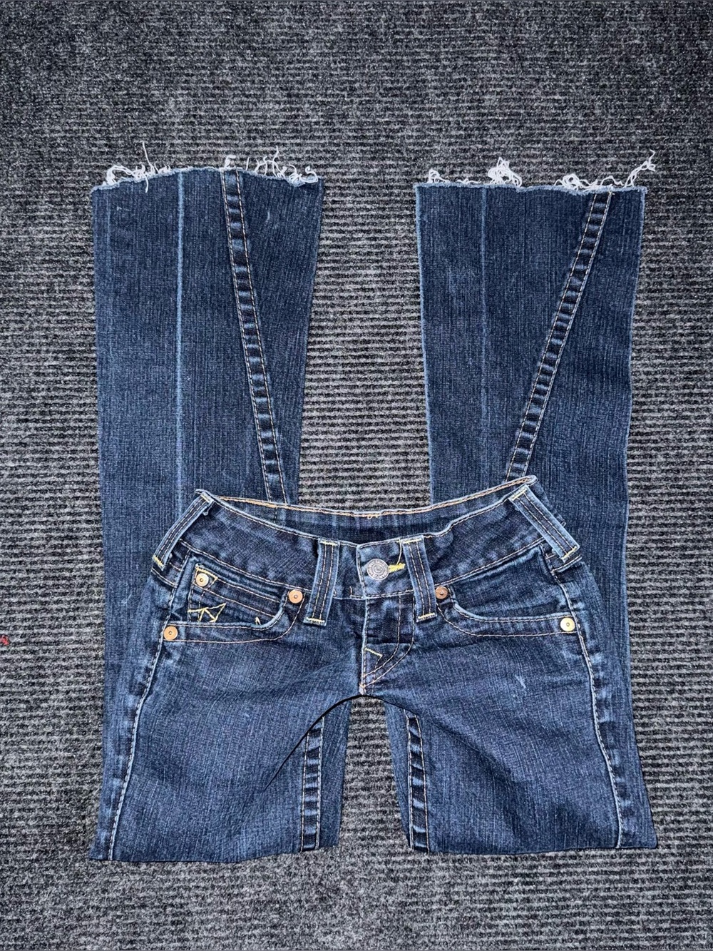 RARE Vintage True Religion Ultra Low Rise Twisted Flare Jeans Sz 24 y2k USA Made